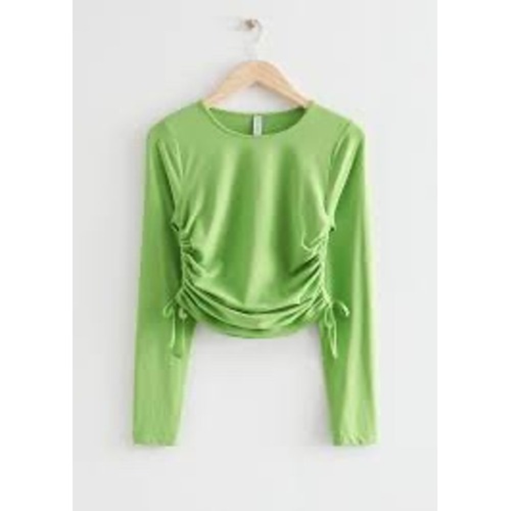& Other Stories Lime Green Ruched Side Tie Long Sleeve Top Medium